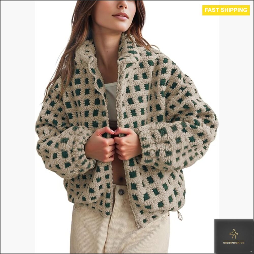 Checkered Sherpa Fleece Jacket Cozy Oversized Cropped Coat Long Sleeve Zip Up